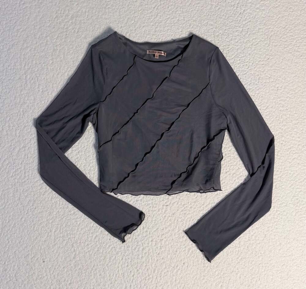 Bailey Rose Women's Charcoal Grey Mesh Long Sleeve Crop Top Merrow Edge